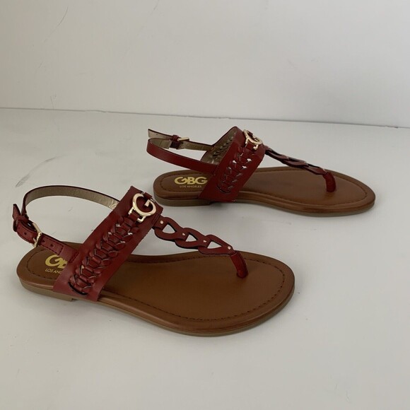 GBG Guess Lovey Sandals Women 6.5 Red Gold Slingback T-Strap Open Toe Summer - Picture 7 of 8